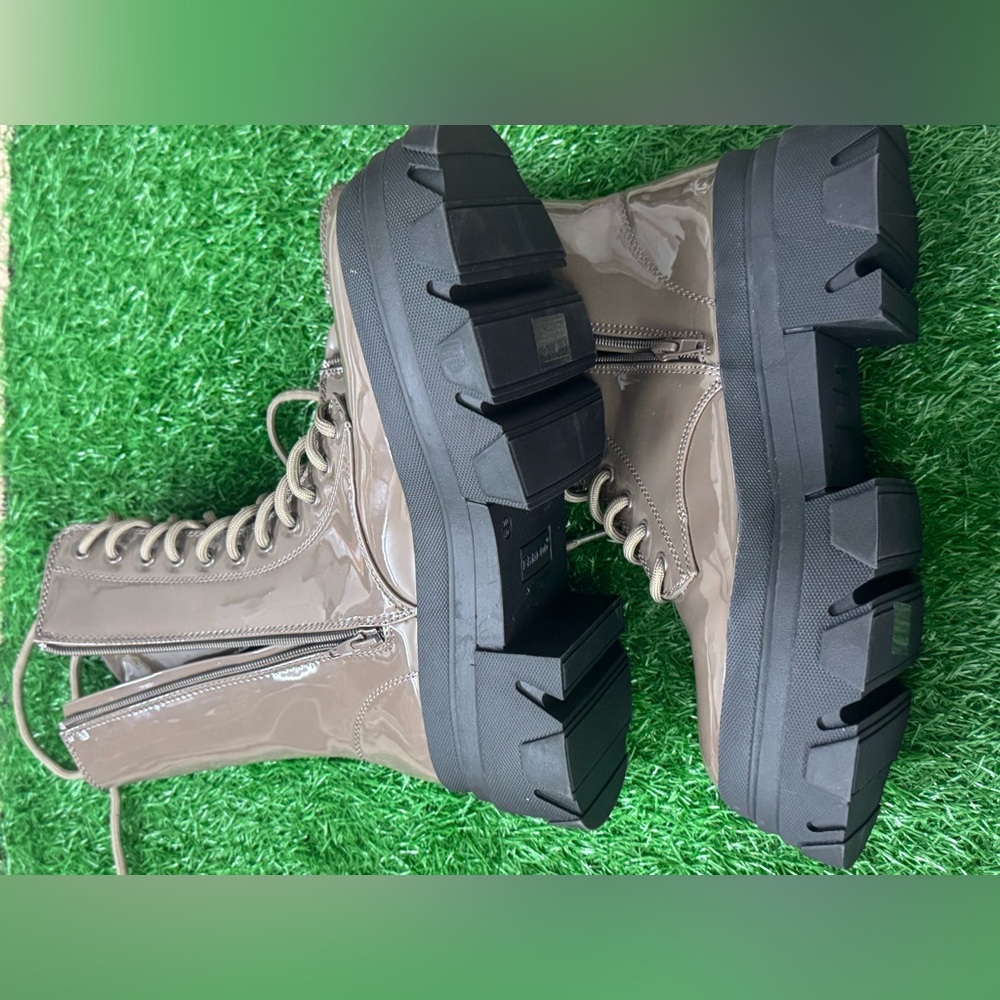 BAMBOO Taupe Patent Lace-Up Platform Combat Boots